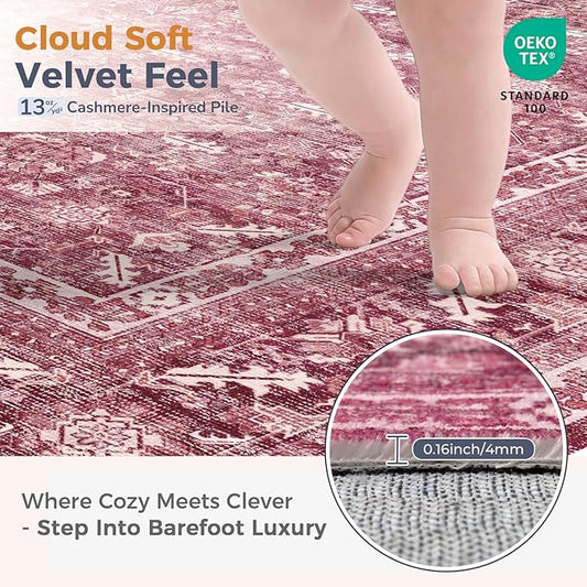 OPPODREAM Vintage Hot Pink 2x10 Runner Rug, 2 x 10 Retro Washable Rug Non Slip, Low-Pile Faux Wool Carpet, Distressed Floor Mat for Kitchen, Hallway, Entry-Way, Entrance, Indoor Back Door