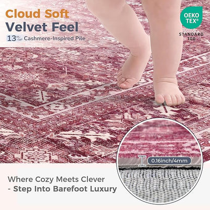 OPPODREAM Vintage Hot Pink Area Rugs 5x7, 5 x 7 Retro Washable Rug Non Slip, Low-Pile Faux Wool Carpet, Distressed Floor Mat for Living Room, Bedroom, Kitchen, Office, Dorm, Dinning Room