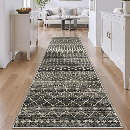 Miukiki 2x8 Runner Rug Moroccan Washable Kitchen Rug Non Slip Indoor Floor Hallway Runner Rug Foldable Carpet for Bathroom Laundry Room with Low Pile(Black,2'x8')