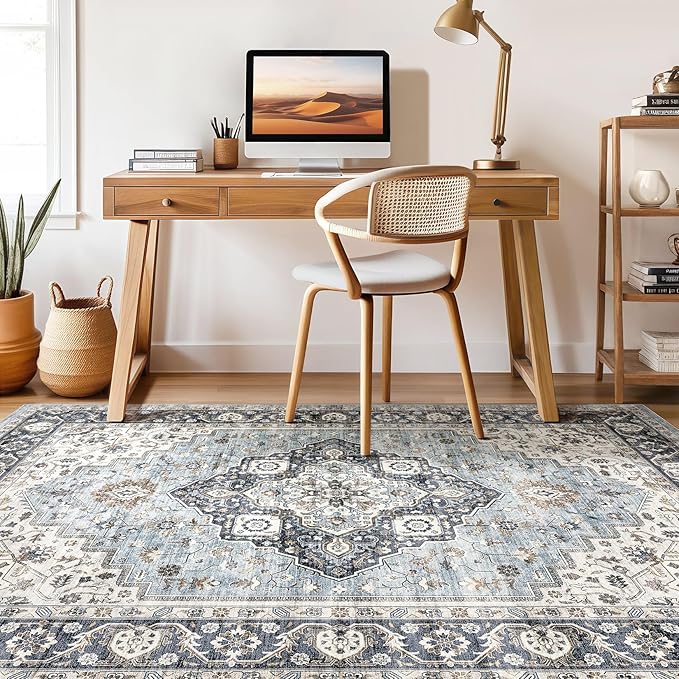 7x10 Area Rug Living Room: Washable Boho Large Neutral Vintage Soft Rug Stain Resistant Farmhouse Non-Slip Indoor Floor Carpet for Bedroom Nursery Kids Office Dining Room Home House- Blue Tan