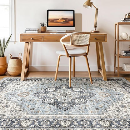 6x9 Area Rugs Living Room: Washable Boho Large Neutral Vintage Soft Rug Stain Resistant Farmhouse Non-Slip Indoor Floor Carpet for Bedroom Nursery Kids Office Dining Room Home House- Blue Tan
