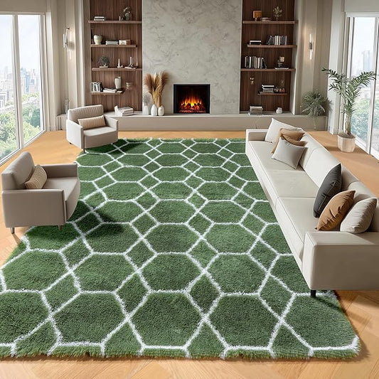 ONASAR 6x9 Area Rugs for Living Room Bedroom, Large Fluffy Olive Green and White Throw Rug, Geometric Soft Plush Shaggy Fuzzy Floor Carpet for Nursery Kids Girls Boys Teen Dorm Home Office Decor