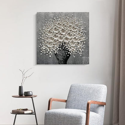 100% Hand-Painted White Flower Art Oil Painting, Modern Home Furnishing Canvas Painting Decoration, 3D Abstract Mural Painting,24x24 inch Frame Wall Art Hanging