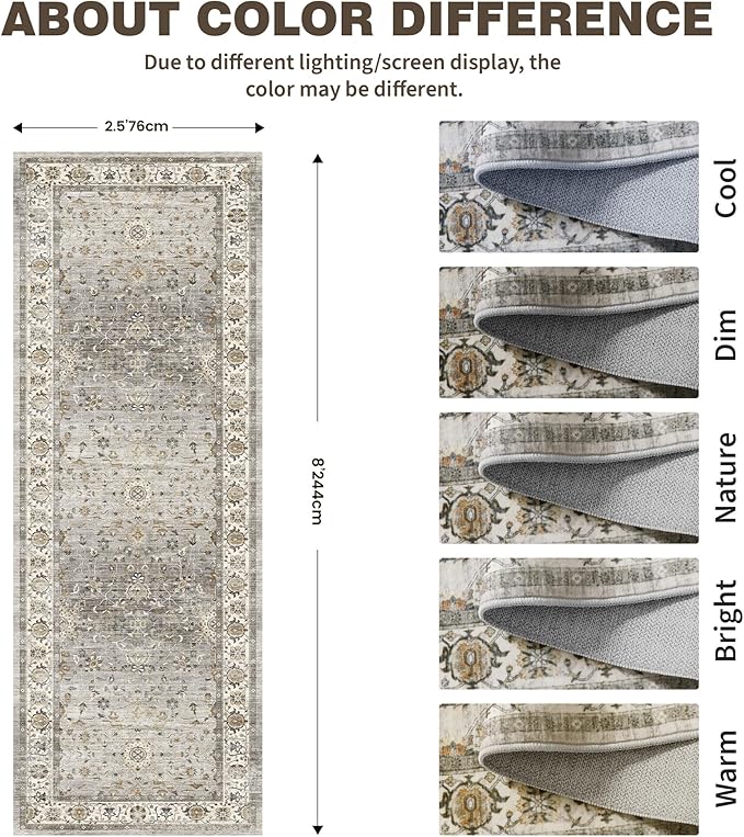 2x6 Washable Hallway Runner Rug - Kitchen Rugs with Non Slip Backing Vintage Soft Farmhouse Entryway Mat for Living Room Laundry Bedroom, Bathroom Ivory/Grey