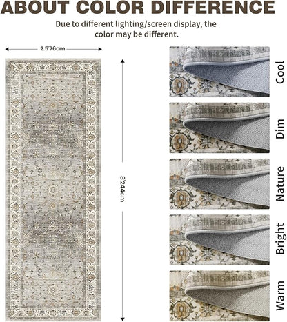 2x6 Washable Hallway Runner Rug - Kitchen Rugs with Non Slip Backing Vintage Soft Farmhouse Entryway Mat for Living Room Laundry Bedroom, Bathroom Ivory/Grey