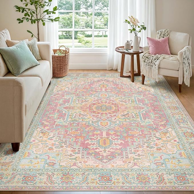 Kokia 4x6 Washable Area Rugs Pink Orange with Vintage Orient Design, Soft Rug for Living Room or Bedroom, Non-Slip Low Pile Stain Resistance Features, Distressed Medallion Pattern