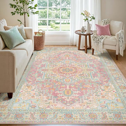 Kokia 4x6 Washable Area Rugs Pink Orange with Vintage Orient Design, Soft Rug for Living Room or Bedroom, Non-Slip Low Pile Stain Resistance Features, Distressed Medallion Pattern