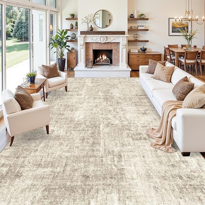 12x15 Area Rug for Living Room – Extra Large Modern Neutral Abstract Washable Carpet, Soft Low Pile Non-Slip Stain-Resistant Oversized Rug for Bedroom Dining Room Home Office (Warm Beige)