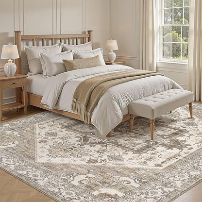 10x14 Area Rug for Living Room- Machine Washable Soft Oriental Vintage Large Indoor Floor Carpet for Bedroom Under Dining Table Home Office Decor - Beige Brown