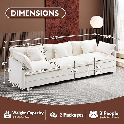 Ihanherry 111.4 Inch 3-Seater Cloud Sofa, Modular Sectional Couch, Modern Deep Seat Sofa for Living Room, Comfy Double Layer Upholstered Seat Cushion, Breathable Chenille Fabric, Beige