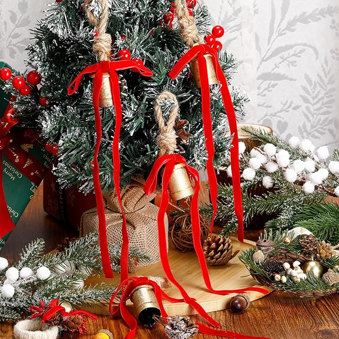 Suncalla 6 Pcs Rustic Gold Bells with 6 Pcs Red Velvet Bows Mini Handmade Hanging Ornament Decorative Antique Bells Velvet Bows for Xmas Tree Crafts Door Wreath Decoration DIY Party Supplies