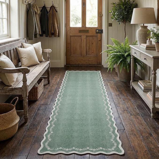 GarveeHome 2x6 Scalloped Washable Runner Rug for Kitchen, Sage Green Hallway Runner Non Slip Entryway Rug Farmhouse Thin Laundry Mat Stain Resistant Carpet for Bedroom Bathroom Beside Rug