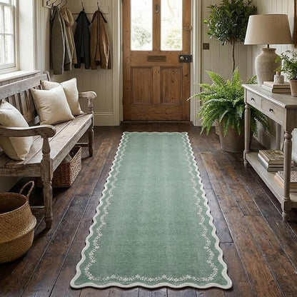 GarveeHome 2x6 Scalloped Washable Runner Rug for Kitchen, Sage Green Hallway Runner Non Slip Entryway Rug Farmhouse Thin Laundry Mat Stain Resistant Carpet for Bedroom Bathroom Beside Rug