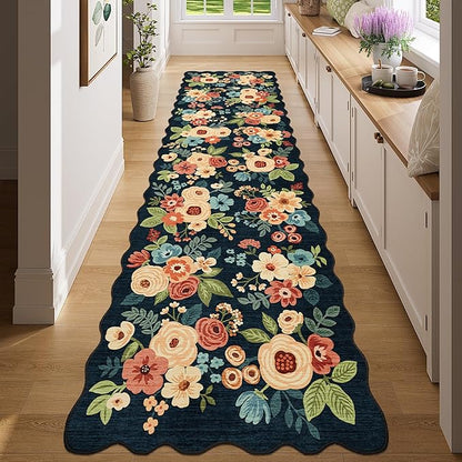 DUKINO Washable Runner Rug, 2x7 Lightweight Soft Floral Hallway Rug Runner with Low Pile Design, Non Shedding & Non Slip Backing Thin Indoor Carpet for Bedroom, Bathroom, Entrance, Kitchen, Navy Blue