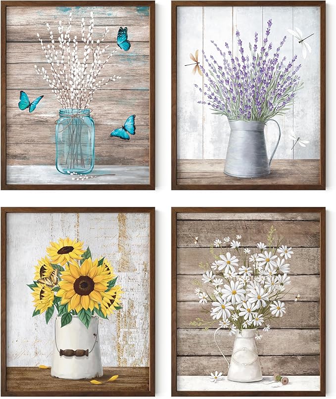 HAUS AND HUES Flower Wall Decor - Set of 4 Framed Floral Prints, Botanical Wall Art for Bedroom, Flower Paintings and Pictures, Elegant Floral Decor (Walnut Frame, 16x20)