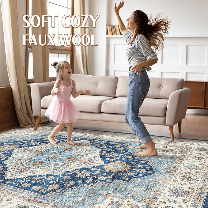 6x8 Area Rug Living Room: Washable Boho Large Neutral Vintage Soft Rugs Stain Resistant Farmhouse Non-Slip Indoor Floor Retro Carpet for Bedroom Nursery Kids Office Dining Room- Navy Beige