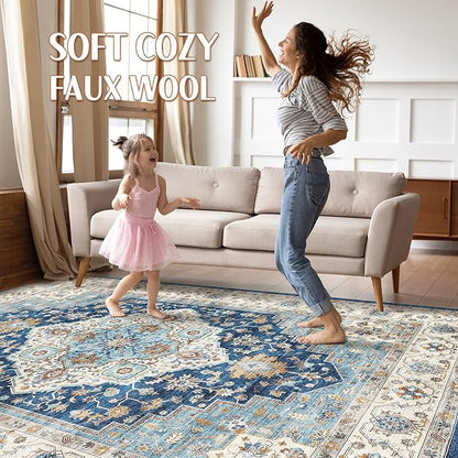 8x10 Area Rugs Living Room: Washable Boho Large Neutral Vintage Soft Rugs Stain Resistant Farmhouse Non-Slip Indoor Floor Retro Carpet for Bedroom Nursery Kids Office Dining Room- Navy Beige