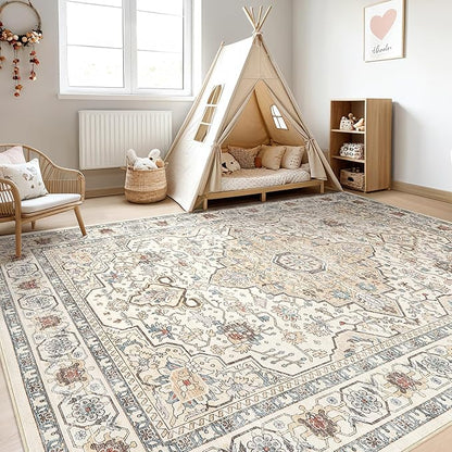 12x15 Area Rug Living Room: Washable Boho Large Neutral Vintage Soft Rug Stain Resistant Farmhouse Non Slip Indoor Floor Carpet for Bedroom Nursery Kids Playroom Office Dining Room- Cream Blue
