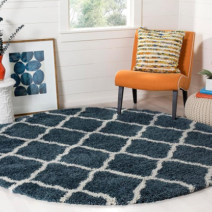 SAFAVIEH Hudson Shag Collection Area Rug - 7' Round, Slate Blue & Ivory, Moroccan Trellis Design, Non-Shedding & Easy Care, 2-inch Thick Ideal for High Traffic Areas in Living Room, Bedroom (SGH283L)
