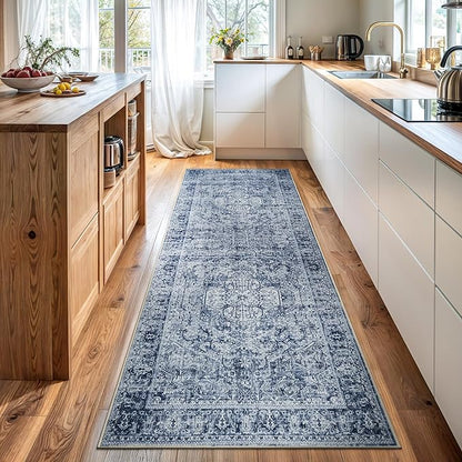 Bloom Rugs Washable Non-Slip 10 ft Runner - Ivory/Denim Blue Traditional Medallion Runner for Entryway, Hallway, Bathroom, and Kitchen - Exact Size: 2.5' x 10'