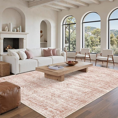 Soalmost Washable Area Rug 8x10, Large Soft Rugs for Living Room Vintage Area Rugs for Bedroom Dining Room Non-Slip Stain Resistant Pink Under Table Rug