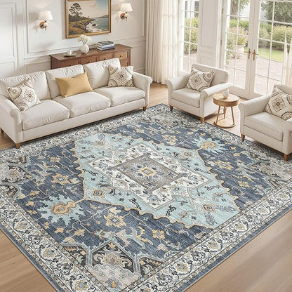 10x12 Washable Area Rugs for Living Room: Non Slip Vintage Blue Yellow Rug, Large Soft Stain Resistant Indoor Floor Carpets for Bedroom Dining Room Nursery Home Office Kid & Pet Friendly