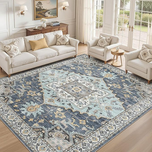 10x12 Washable Area Rugs for Living Room: Non Slip Vintage Blue Yellow Rug, Large Soft Stain Resistant Indoor Floor Carpets for Bedroom Dining Room Nursery Home Office Kid & Pet Friendly