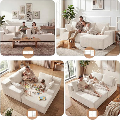 GRUSIGN Cloud Sectional Boneless Couches for Living Room, Modular L Shaped Couch with Deep Seat Oversized Right Facing Chaise, Memory Foam Compressed Spineless 3 Seater Sofa for Apartment, Beige