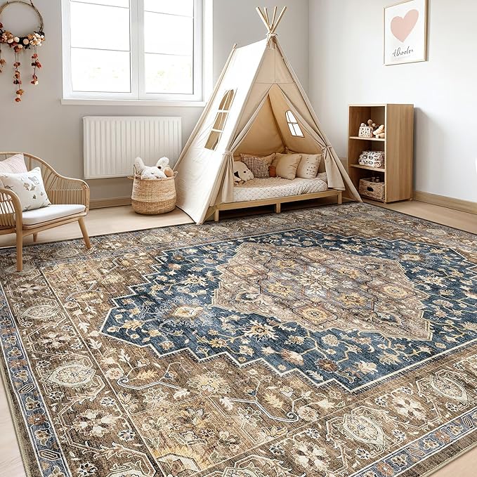 7x10 Area Rug Living Room: Washable Boho Large Neutral Vintage Soft Rugs Stain Resistant Farmhouse Non-Slip Indoor Floor Carpet for Bedroom Nursery Kids Office Dining Room Playroom- Yellow Blue