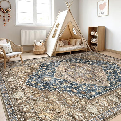 10x13 Area Rug Living Room: Washable Boho Large Neutral Vintage Soft Rugs Stain Resistant Farmhouse Non-Slip Indoor Floor Carpet for Bedroom Nursery Kids Office Dining Room Playroom- Yellow Blue