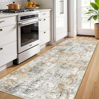3x12 ft Long Hallway Runner Rug - Non-Slip Washable Kitchen Rug with Rubber Backing,Modern Abstract Neutral Thin Low Pile Floor Carpet Runner for Entryway,Bedroom,Living Room（Gold Grey）