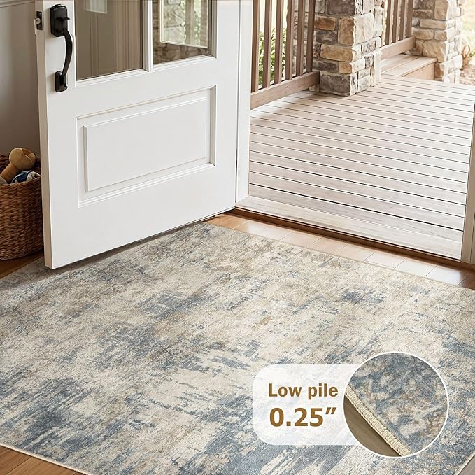 cotiled 3x5 Area Rugs for Living Room - Washable Neutral Abstract Carpet Non Slip Soft Rug for Bedroom & Dining Table, Robot Vacuum & Pet Friendly Floor Decor Grey Light Blue