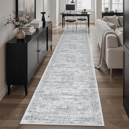 Soalmost Runner Rug 2x12 Washable Non-Slip Hallway Runner Rugs for Kitchen Bathroom Laundry Room Grey Vintage Floor Carpet Runners for Hallways Entryway