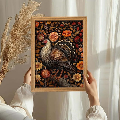 Framed Vintage Turkey 3D Textures Wall Art – Fall Floral Thanksgiving Wall Decor, Rustic Autumn Harvest Bird Artwork Painting for Living Room Kitchen Dining Room – 16x24in