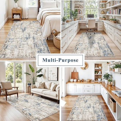 4x6 Washable Entryway Rug – Non-Slip Low-Pile Small Area Rug for Kitchen Bedroom Living Room Office – Modern Abstract Neutral Throw Carpet with Rubber Backing(Blue Brown)