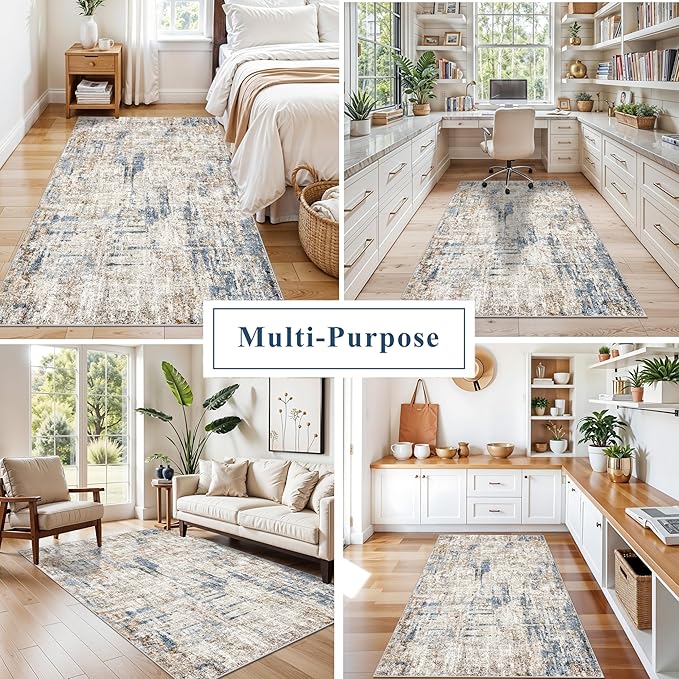 4x8 Washable Area Rug – Non-Slip Rubber Backed Indoor Rug for Entryway, Kitchen, Hallway | Modern Abstract Neutral Low Pile Thin Floor Mat for Bedroom, Living Room, Office(Blue Brown)