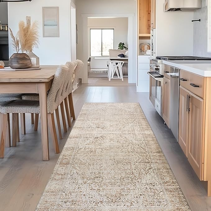 Neutral Farmhouse Hallway Rug Runner 2x6 Washable Non Slip Rubber Backing Vintage Modern Boho Runners Rugs for Entryway Indoor Kitchen Bathroom,Tan Brown Beige