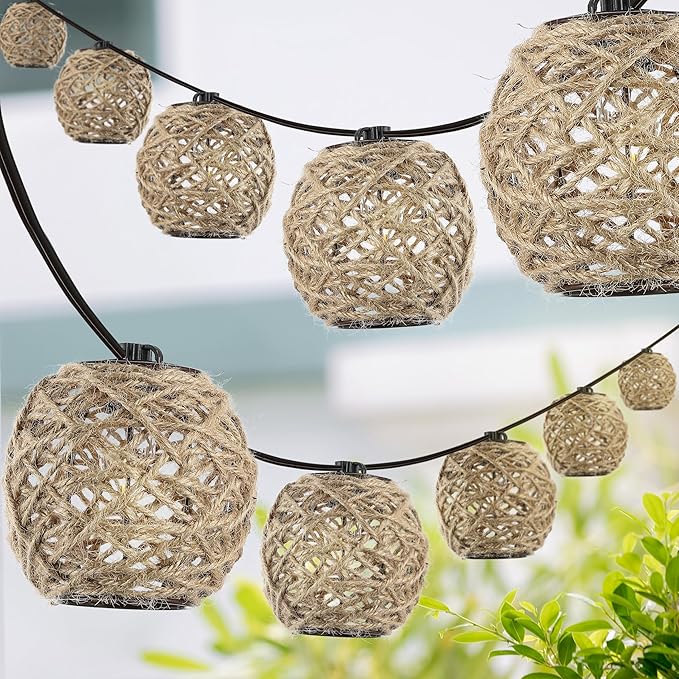 JONATHAN Y 10' 10-Light Rustic Coastal LED String Lights, Light Brown Hemp Rope Shaded Globe Lights for Indoor Outdoor Patio Porch, Bohemian Decor, LED Bulbs Included JYL8710A
