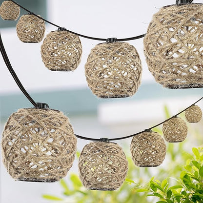 JONATHAN Y 10' 10-Light Rustic Coastal LED String Lights, Light Brown Hemp Rope Shaded Globe Lights for Indoor Outdoor Patio Porch, Bohemian Decor, LED Bulbs Included JYL8710A