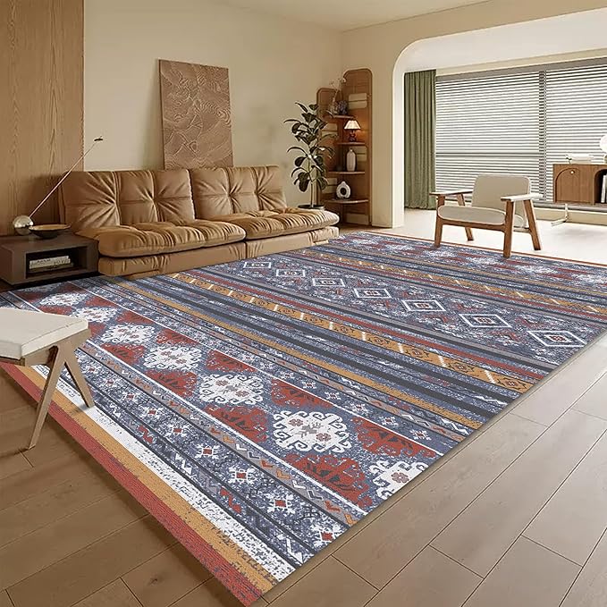 RUGSURE Washable Area Rugs 5' x 7' - 1/6 Thick - Moroccan-Inspired -Stain & Water Resistant Non-Slip - Resistant Rug for Living Room, Bedroom, Nursery, Pet & Child Friendly (Blue and Red)