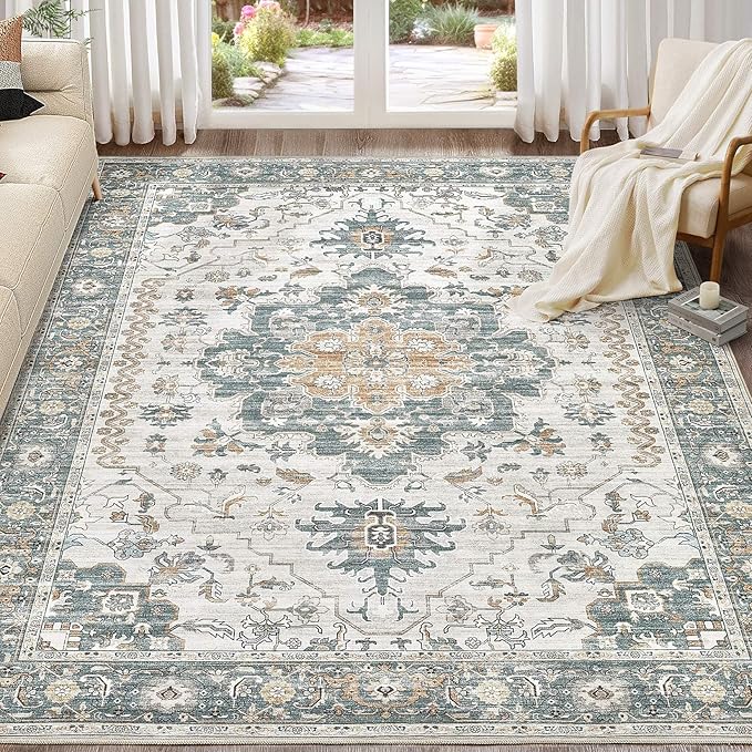 EIEIHOUSE Washable Area Rugs for Living Room -9x12 Neutral Vintage Distressed Floral Farmhouse Boho Large Soft Floor Rug Indoor Non Slip Carpet for Living Room Bedroom Dining Room Office -Green/Grey