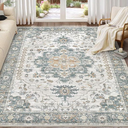 EIEIHOUSE Washable Area Rugs for Living Room -9x12 Neutral Vintage Distressed Floral Farmhouse Boho Large Soft Floor Rug Indoor Non Slip Carpet for Living Room Bedroom Dining Room Office -Green/Grey