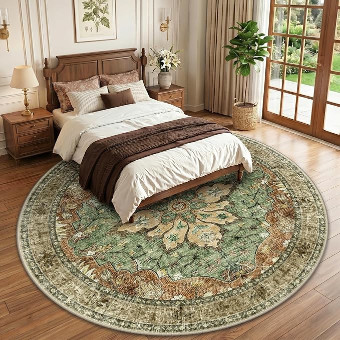 RELEANY Area Rugs Round 10ft Washable Non-Slip, Floral Vintage Distress Print Pattern Medallion Carpet for Living Room Bedroom Dining Room, Brick Red Rust Neutral Brown Burnt Orange Green
