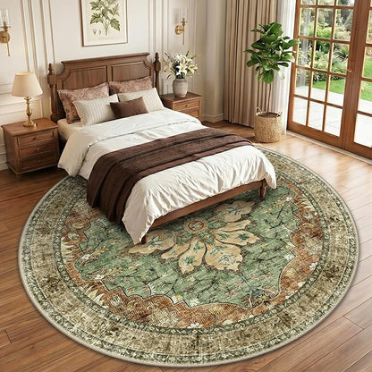 RELEANY Area Rugs Round 10ft Washable Non-Slip, Floral Vintage Distress Print Pattern Medallion Carpet for Living Room Bedroom Dining Room, Brick Red Rust Neutral Brown Burnt Orange Green