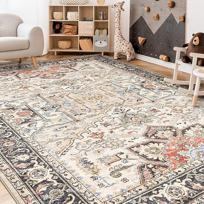 8x10 Area Rugs for Living Room - Large Carpet Ultra Thin Soft Washable Oriental Vintage Floral Distressed Big Indoor Carpets for Bedroom Nursery Dorm Home Decor Aesthetic - Multi