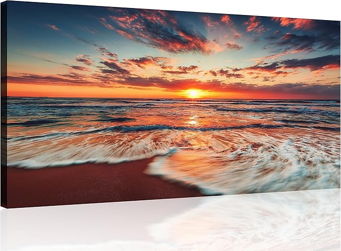TutuBeer 1 Panel Picture of the Beach Ocean Pictures Blue Sea Beach at Sunrise Art Print on Canvas Sea Wall Decor Ocean Wall Art Seascape Canvas Stretched and Framed 20" x 40"