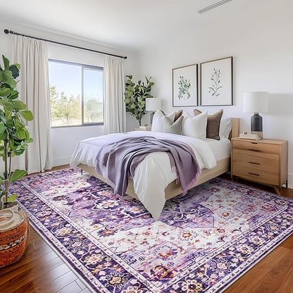 4x6 Area Rugs for Living Room, Machine Washable Vintage Rug, Non-Slip Low Pile Throw Rugs with Rubber Backing Washable Carpet for Bedroom Dining Room Kitchen Home Decor, Purple
