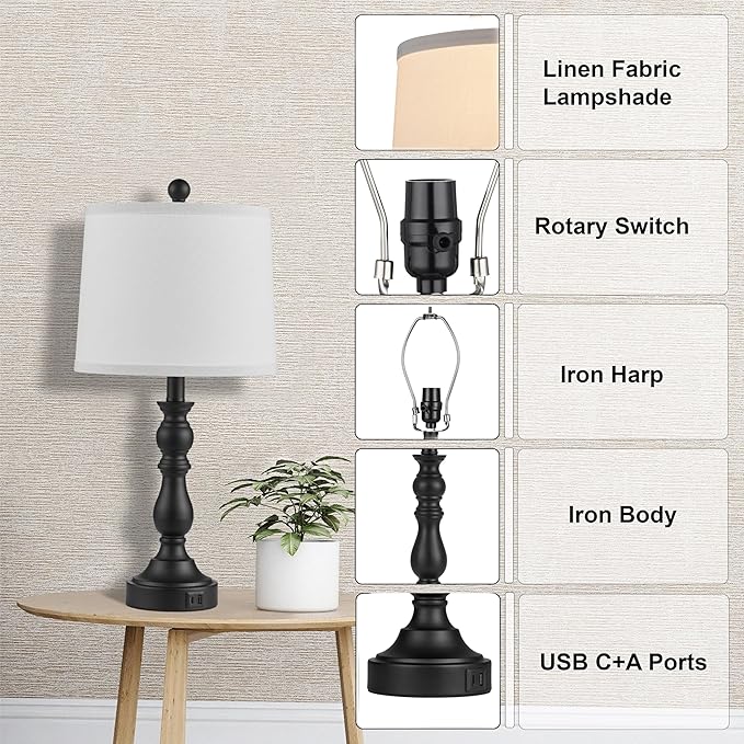 Farmhouse Side Table Lamps for Living Room Set of 2 with USB C+A Ports, Bedside Lamp for Bedroom, Dining Room Decor, Office, End Table, Knob Switch, 3 Color Temperatures, Bulb Included, Black