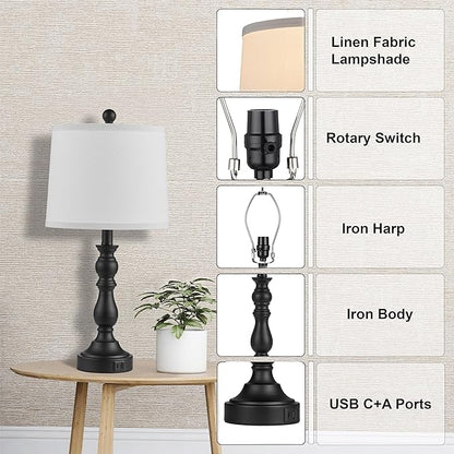 Farmhouse Side Table Lamps for Living Room Set of 2 with USB C+A Ports, Bedside Lamp for Bedroom, Dining Room Decor, Office, End Table, Knob Switch, 3 Color Temperatures, Bulb Included, Black