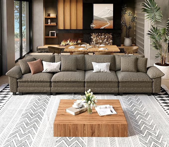 SUNSHINE VALLEY 4 Seat Modular Sofa, 157.5'' Oversized Modern Chenille Sectional Couch with Wider Armrest and Pillow, Upholstered Cloud Deep Seat Sofa for Living Room, Smoky Grey